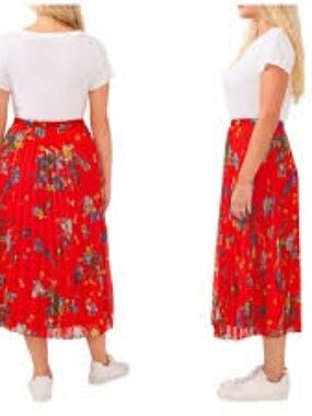 Vince Camuto Red Floral Pleated Midi Skirt with Multicolor Blooms